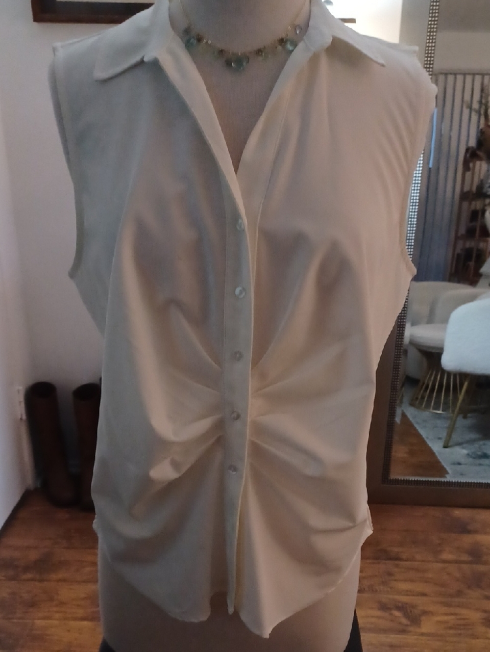 Sleeveless Button-Front Cream Blouse